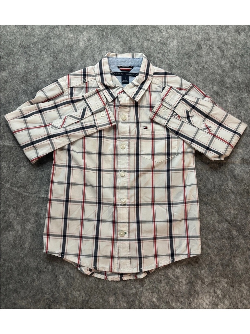 Tommy Hilfiger Boys Size 5 Plaid Shirt White/Red/Blue Long Sleeve Pockets